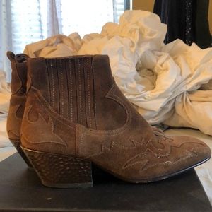 Ash suede square toe western boots w/ bronze heel